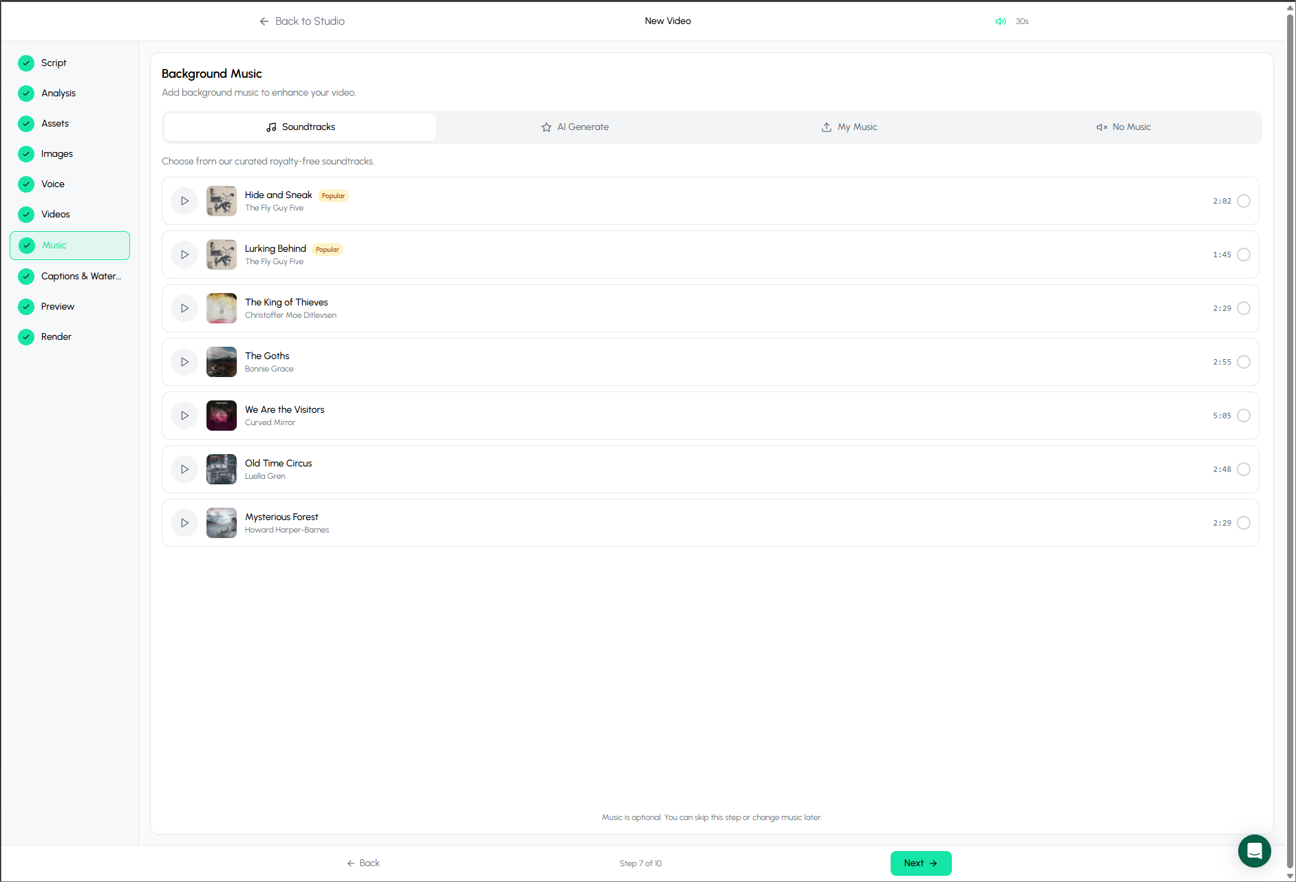 Autoclips music options - upload, AI generate, or royalty-free